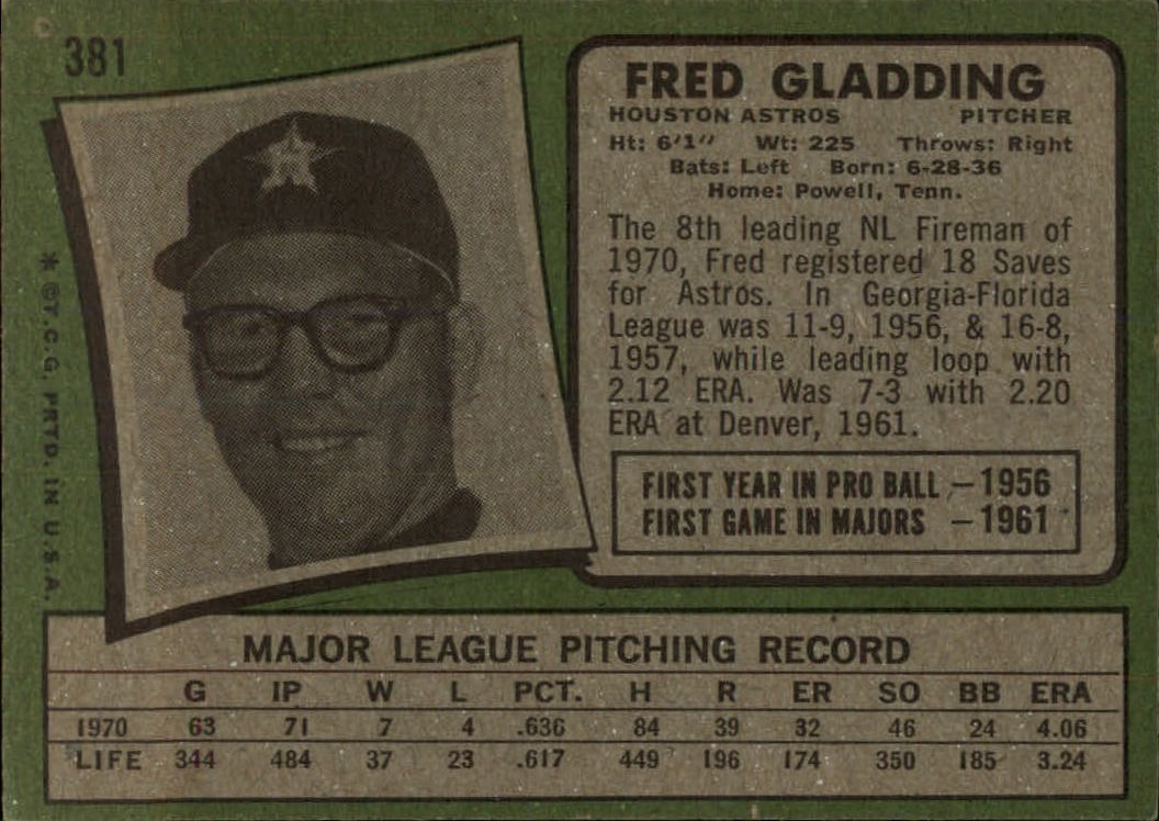 1971 Topps #381 Fred Gladding back image