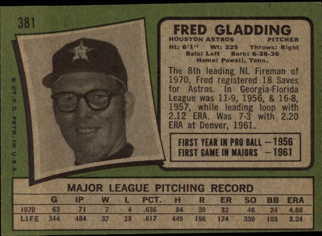 1971 Topps #381 Fred Gladding back image