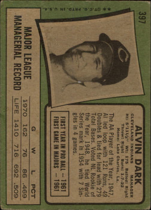 1971 Topps #397 Alvin Dark MG - GOOD