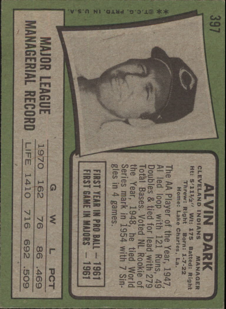 1971 Topps #397 Alvin Dark MG - VG