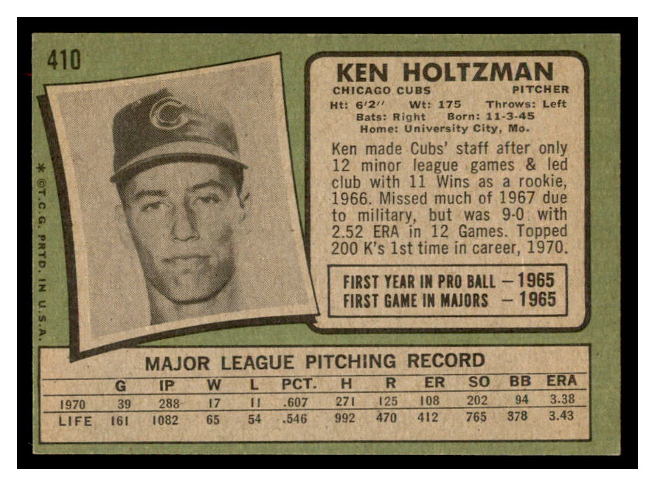 1971 Topps #410 Ken Holtzman back image