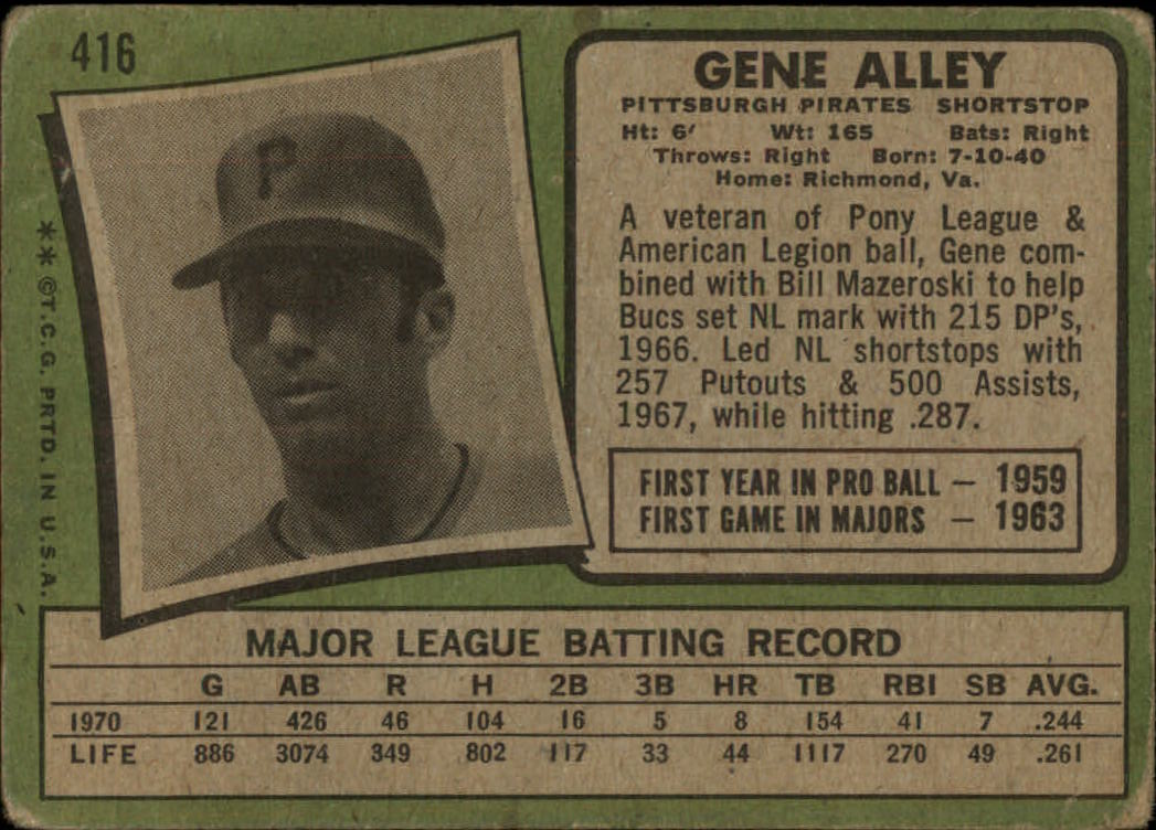 1971 Topps #416 Gene Alley back image