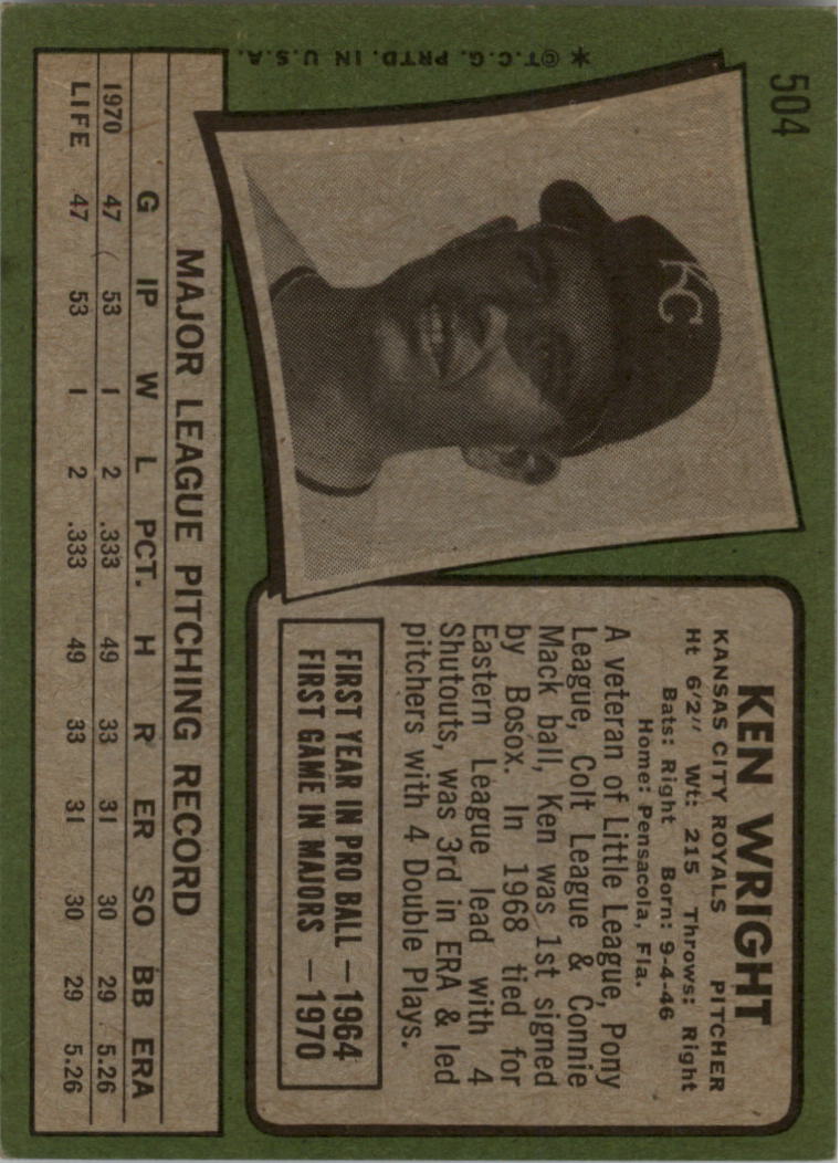 1971 Topps #504 Ken Wright RC back image