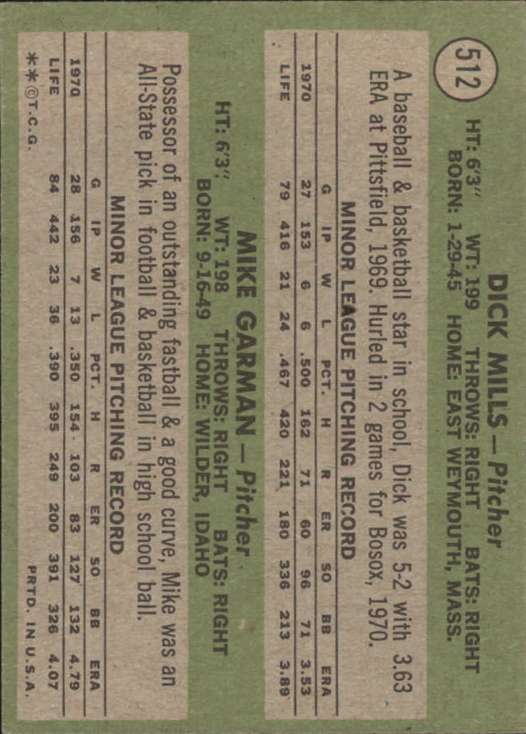 1971 Topps #512 Rookie Stars/Dick Mills RC/Mike Garman RC back image