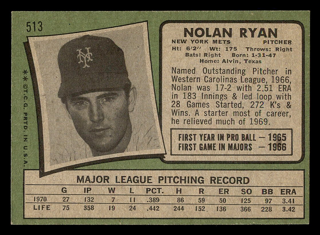 1971 Topps #513 Nolan Ryan back image
