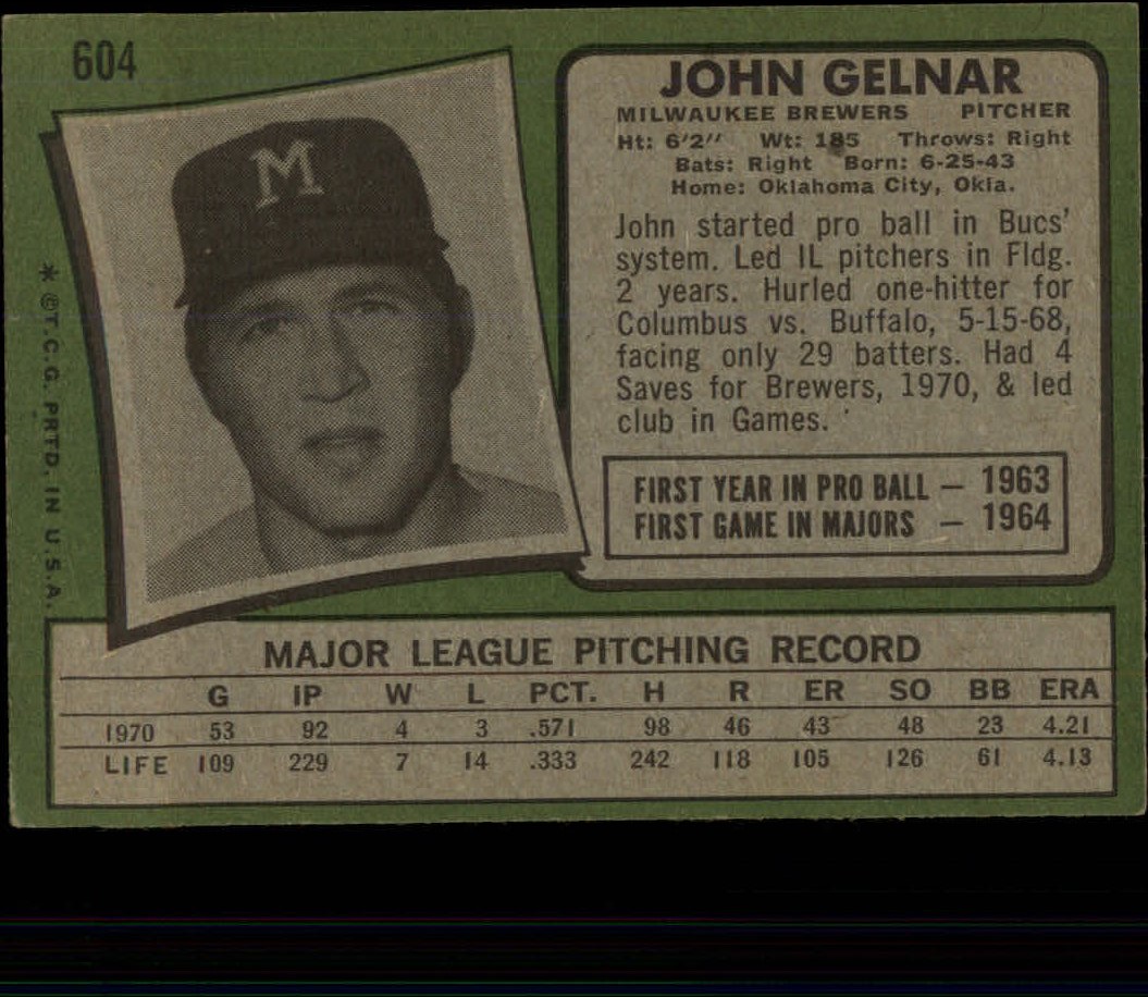 1971 Topps #604 John Gelnar back image