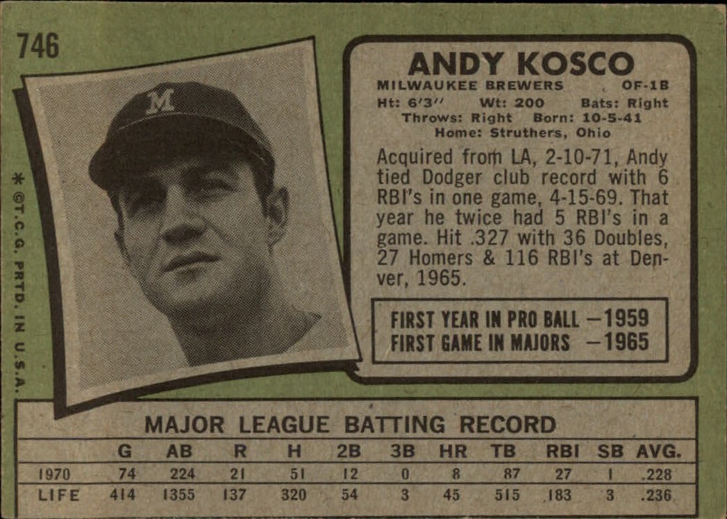 1971 Topps #746 Andy Kosco back image