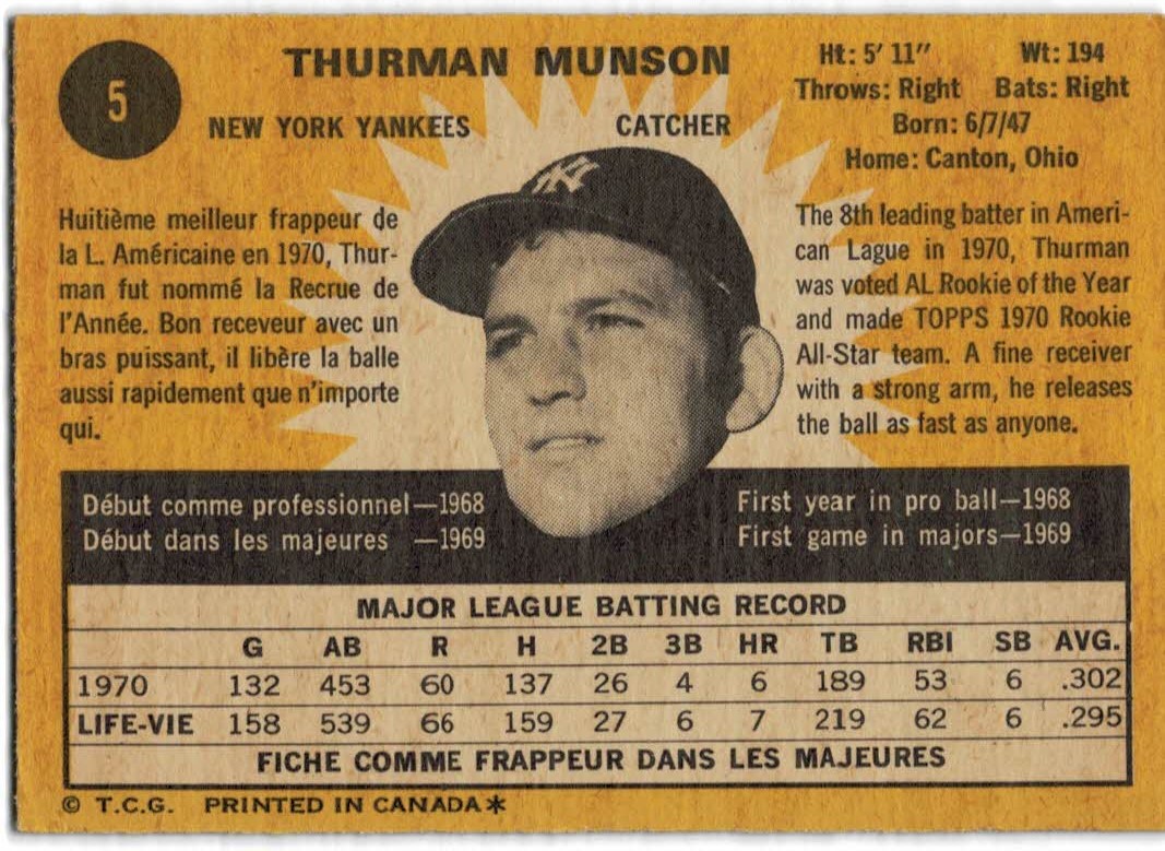 1971 O-Pee-Chee #5 Thurman Munson back image