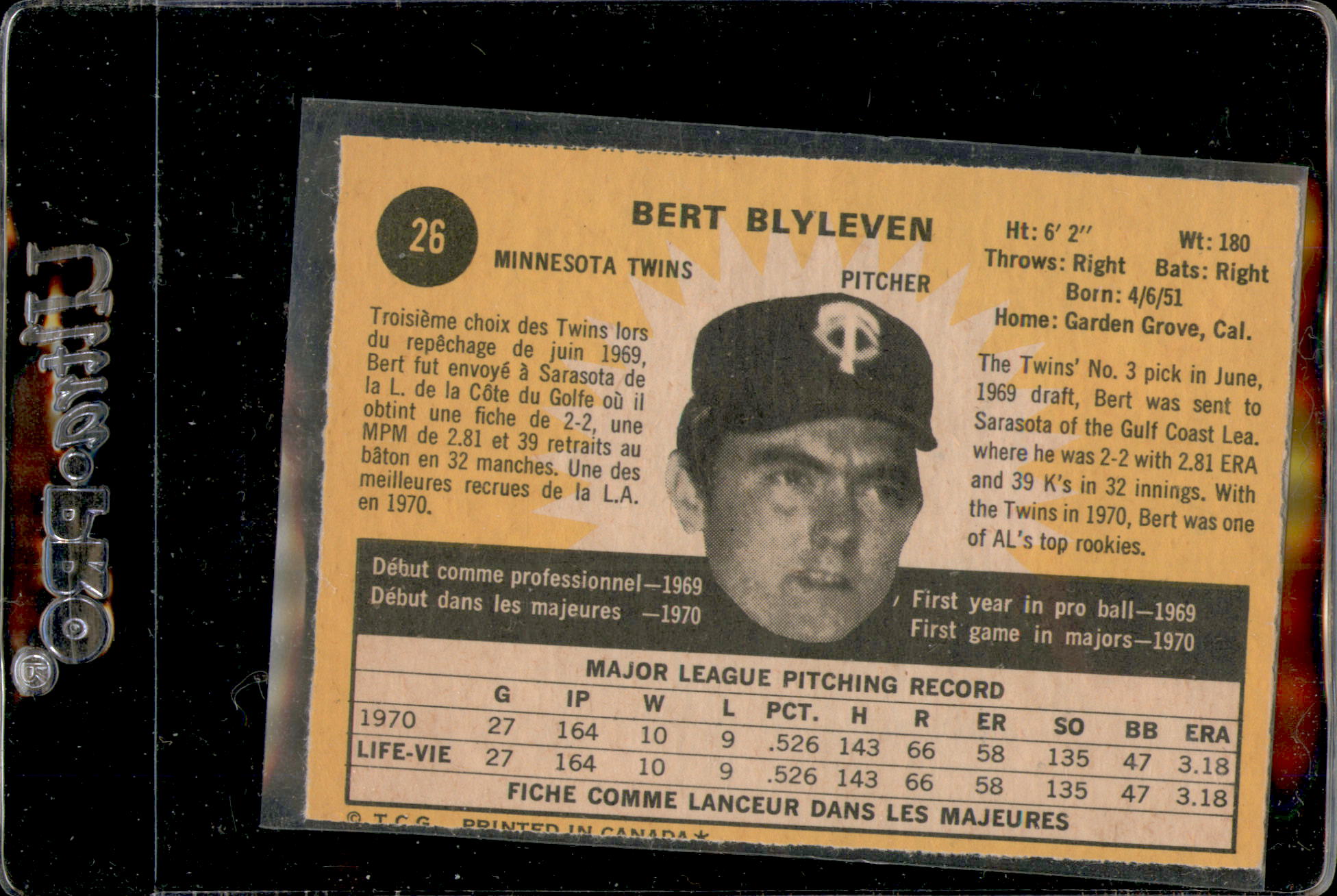 1971 O-Pee-Chee #26 Bert Blyleven RC back image