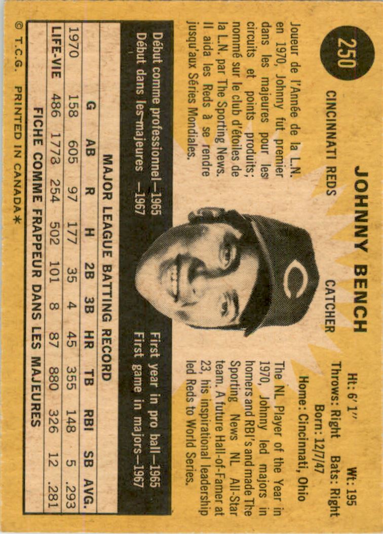 1971 O-Pee-Chee #250 Johnny Bench back image