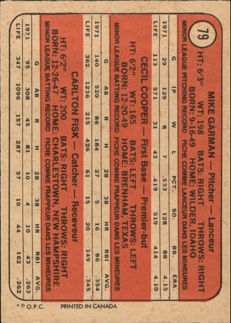 1972 O-Pee-Chee #79 Carlton Fisk/Cooper RC ! back image