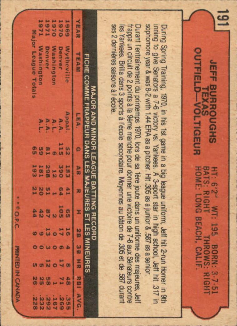 1972 O-Pee-Chee #191 Jeff Burroughs RC back image