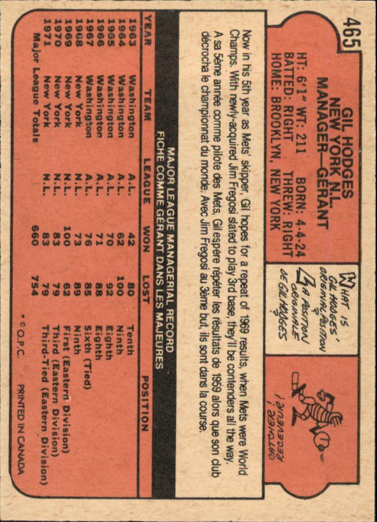  1972 Topps # 465 Gil Hodges New York Mets (Baseball
