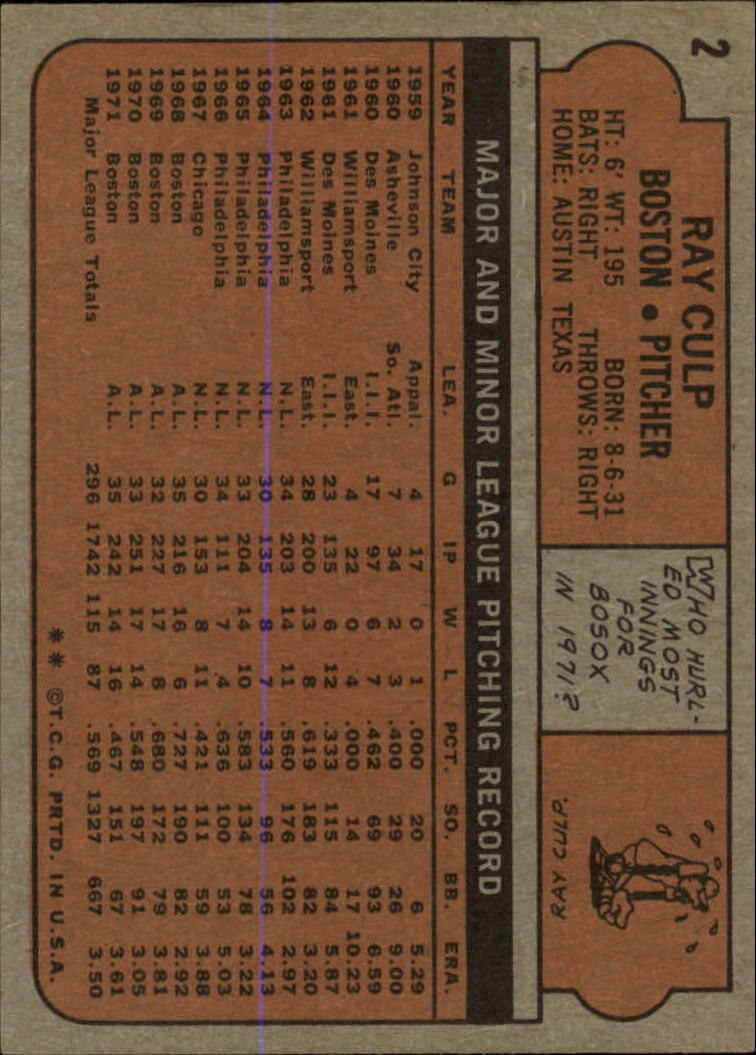 1972 Topps #2 Ray Culp back image