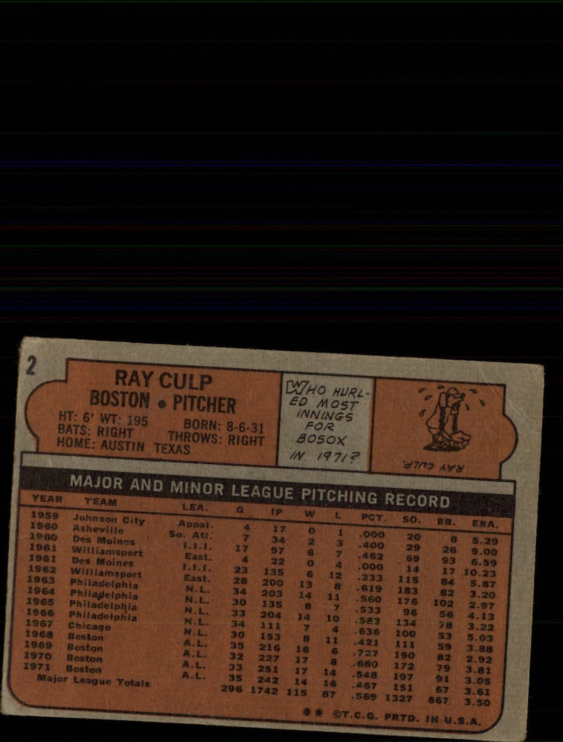 1972 Topps #2 Ray Culp back image