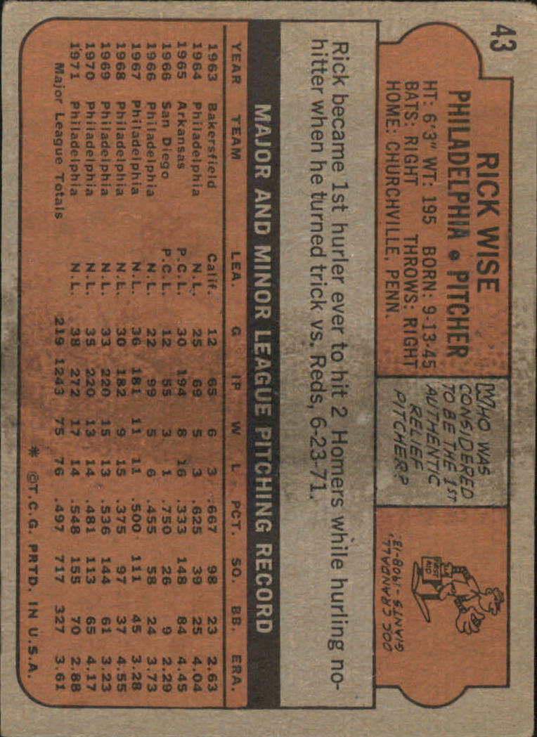 1972 Topps #43 Rick Wise back image