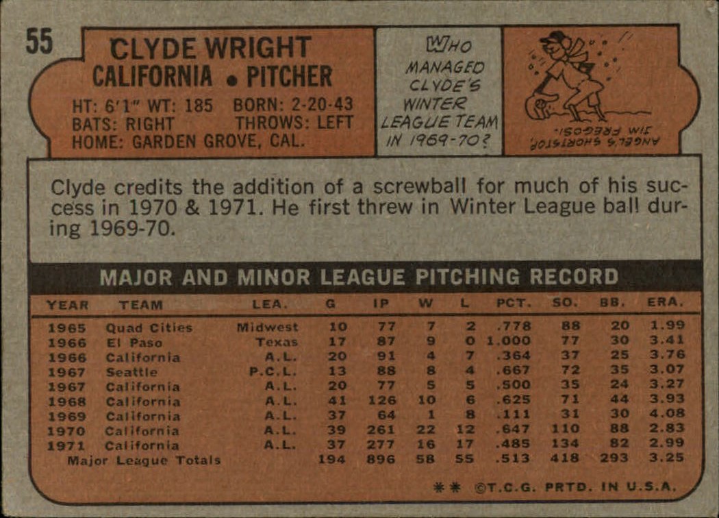 1972 Topps #55 Clyde Wright back image
