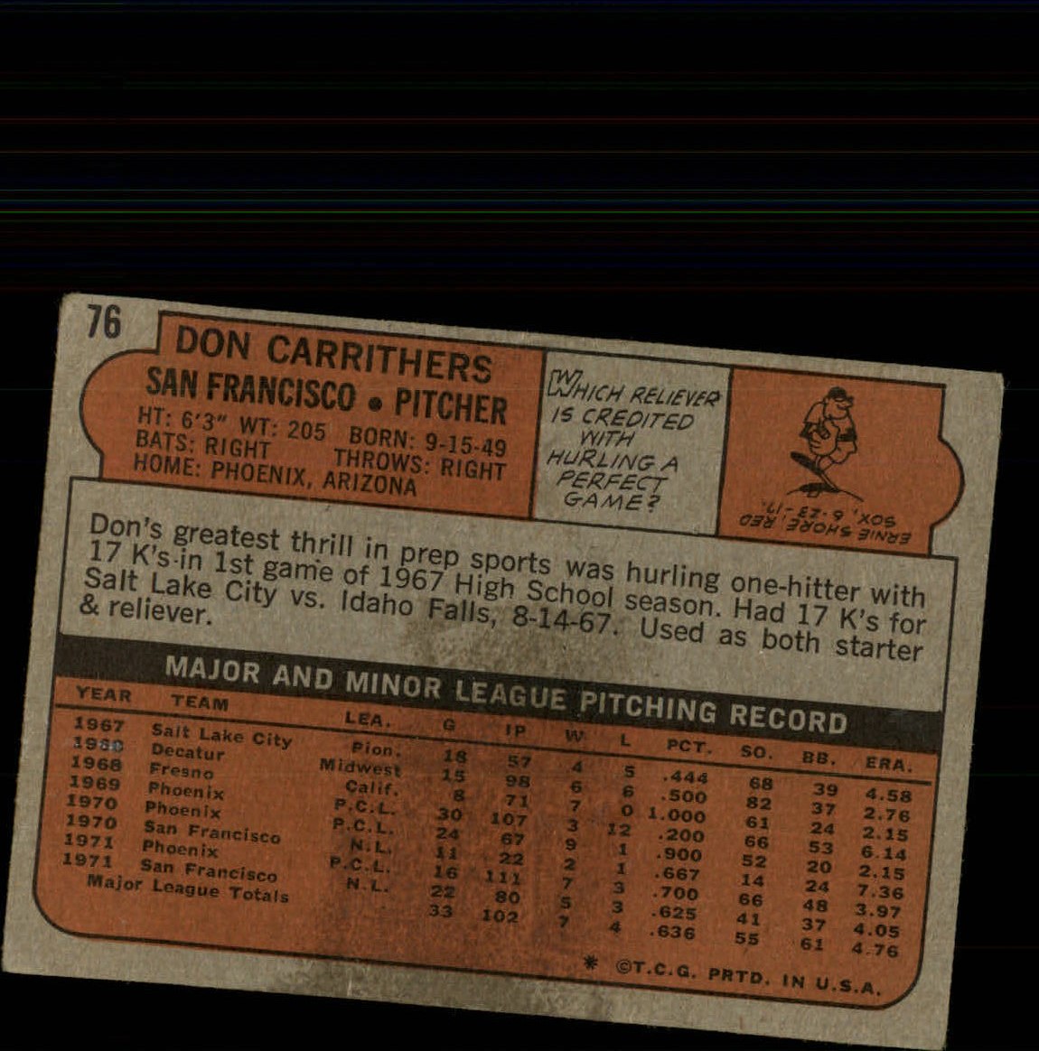 1972 Topps #76 Don Carrithers RC back image