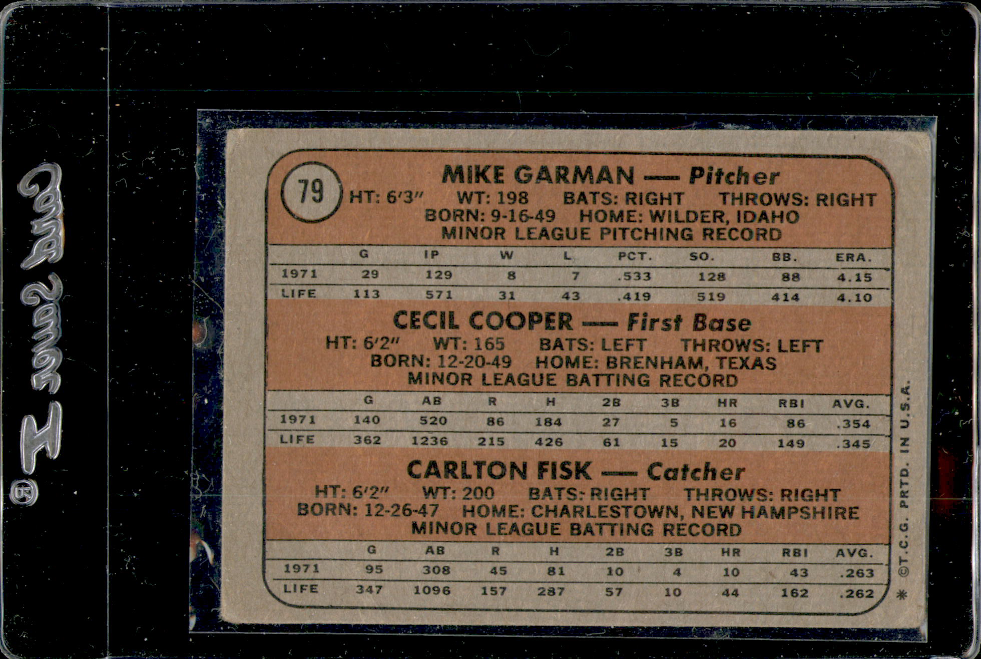 1972 Topps #79 Rookie Stars/Mike Garman/Cecil Cooper RC/Carlton Fisk RC back image