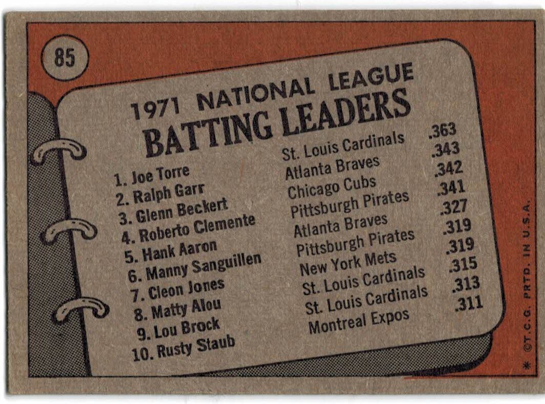 1972 Topps #85 NL Batting Leaders/Joe Torre/Ralph Garr/Glenn Beckert back image