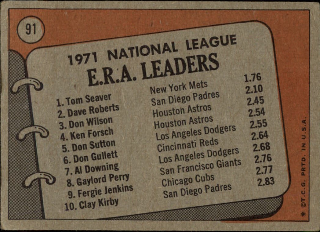 1972 Topps #91 NL ERA Leaders/Tom Seaver/Dave Roberts UER/Photo actually/Danny Coombs/Don Wilson back image