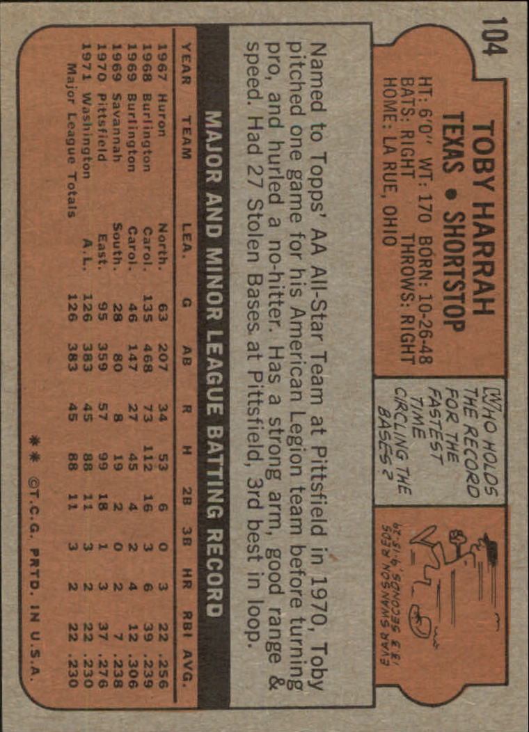 1972 Topps #104 Toby Harrah RC back image