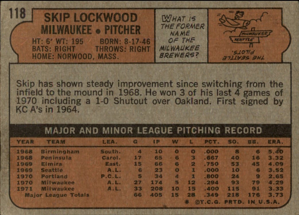 1972 Topps #118 Skip Lockwood back image