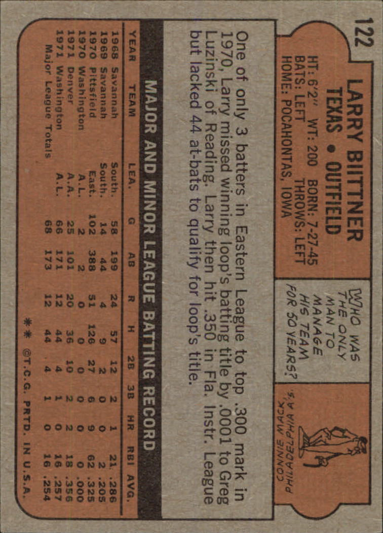 1972 Topps #122 Larry Biittner RC back image