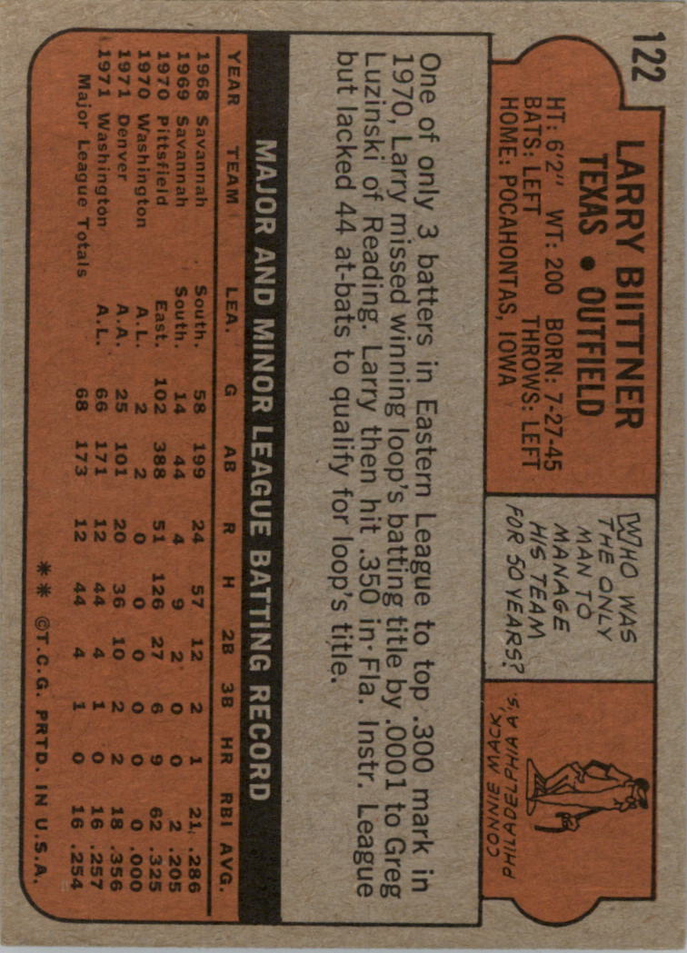 1972 Topps #122 Larry Biittner RC back image