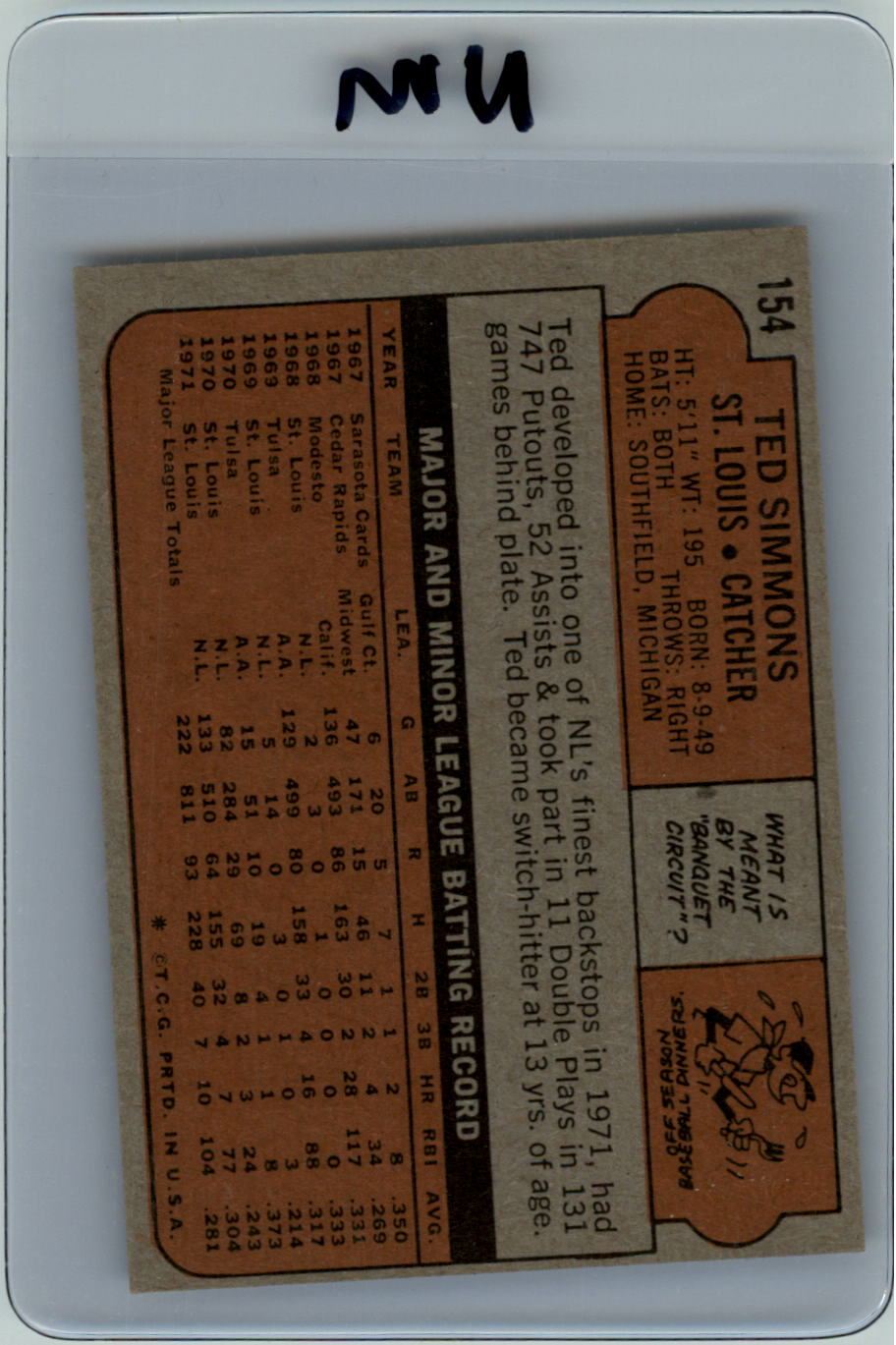 1972 Topps #154 Ted Simmons back image