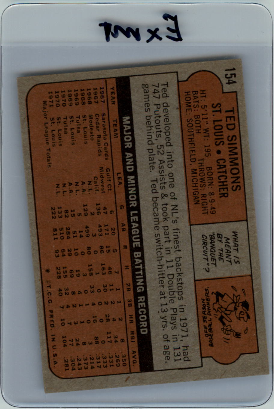 1972 Topps #154 Ted Simmons back image