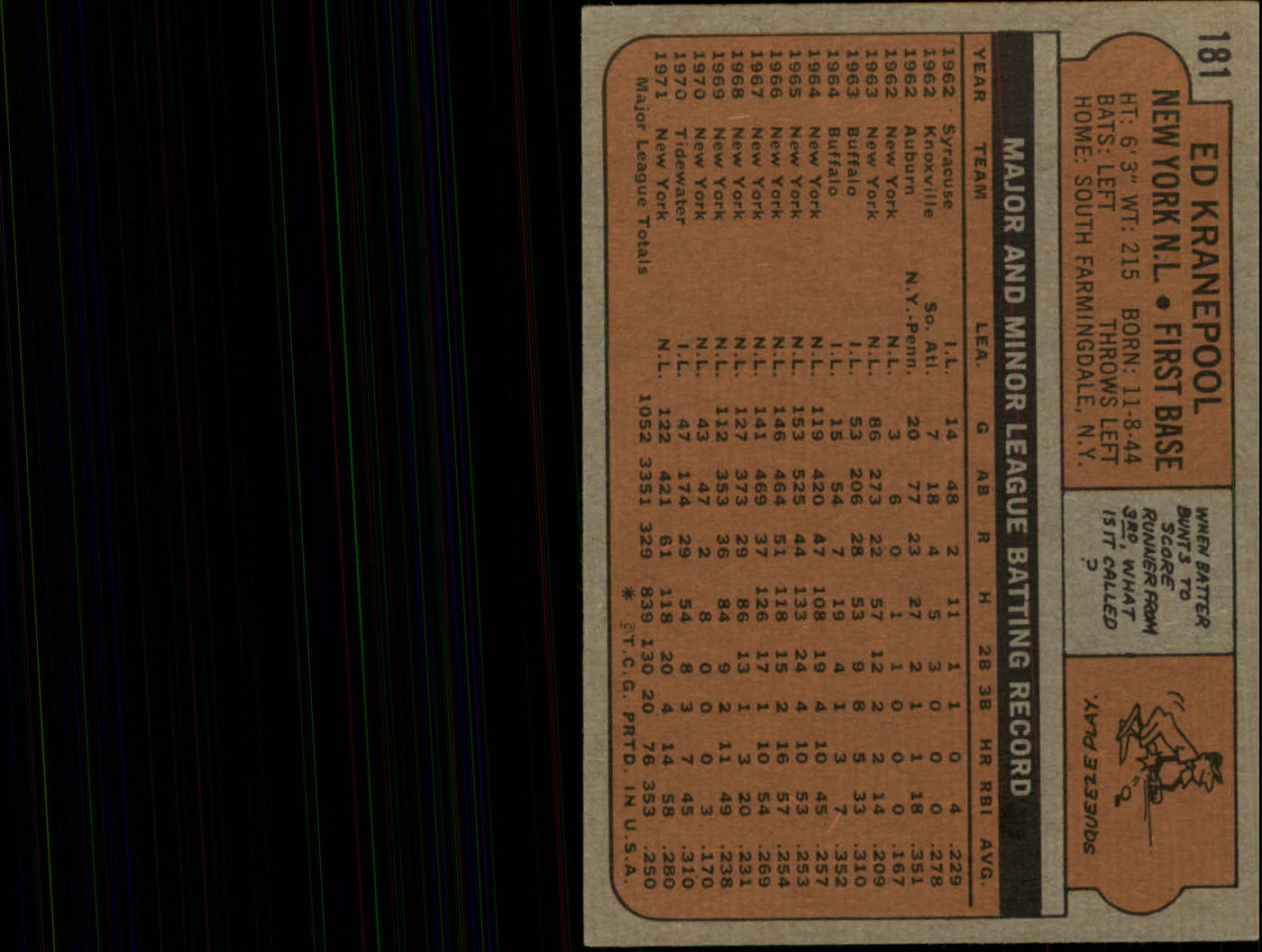 1972 Topps #181 Ed Kranepool back image