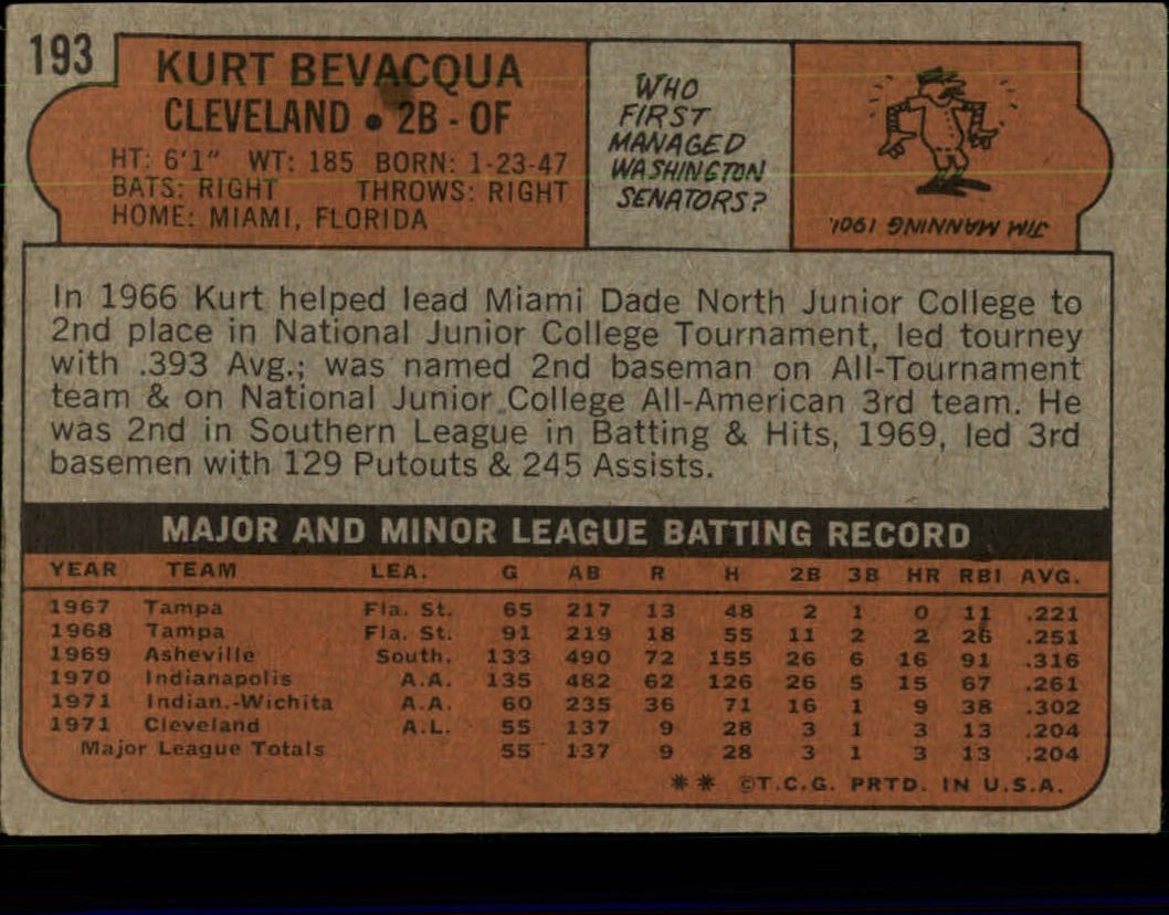 1972 Topps #193 Kurt Bevacqua RC back image