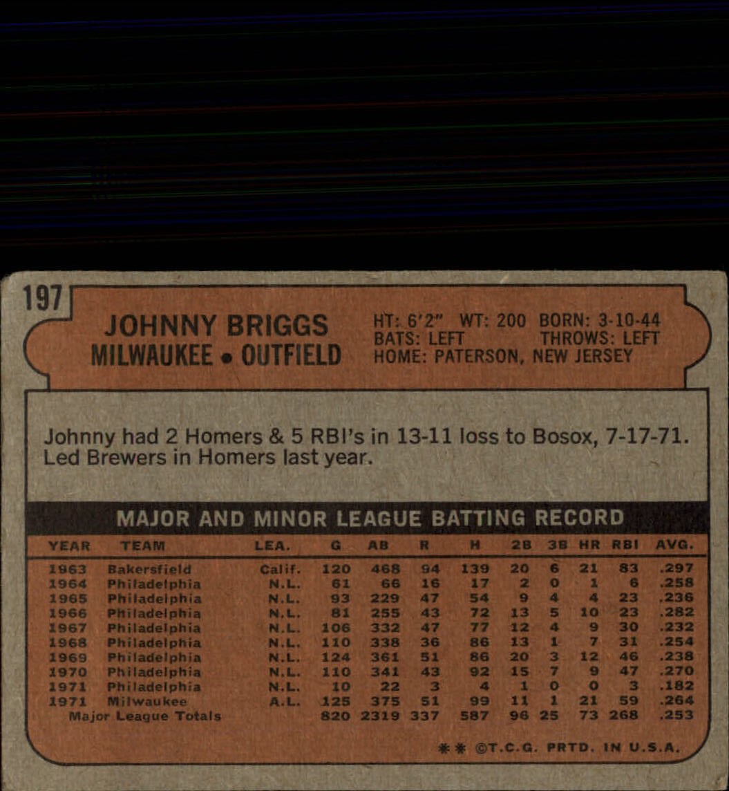 1972 Topps #197 Johnny Briggs back image