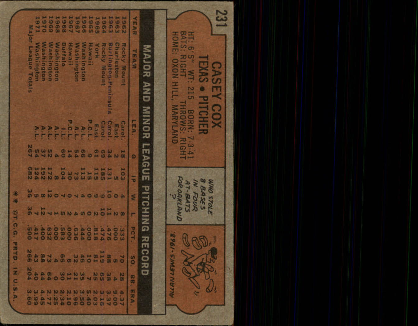 1972 Topps #231 Casey Cox back image