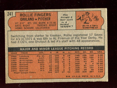 1972 Topps #241 Rollie Fingers back image