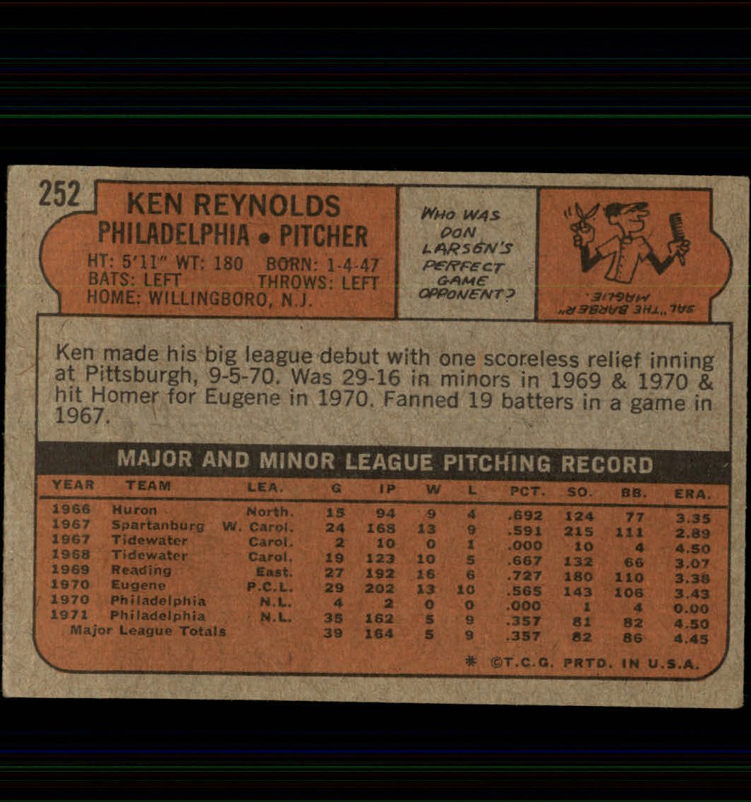 1972 Topps #252 Ken Reynolds back image