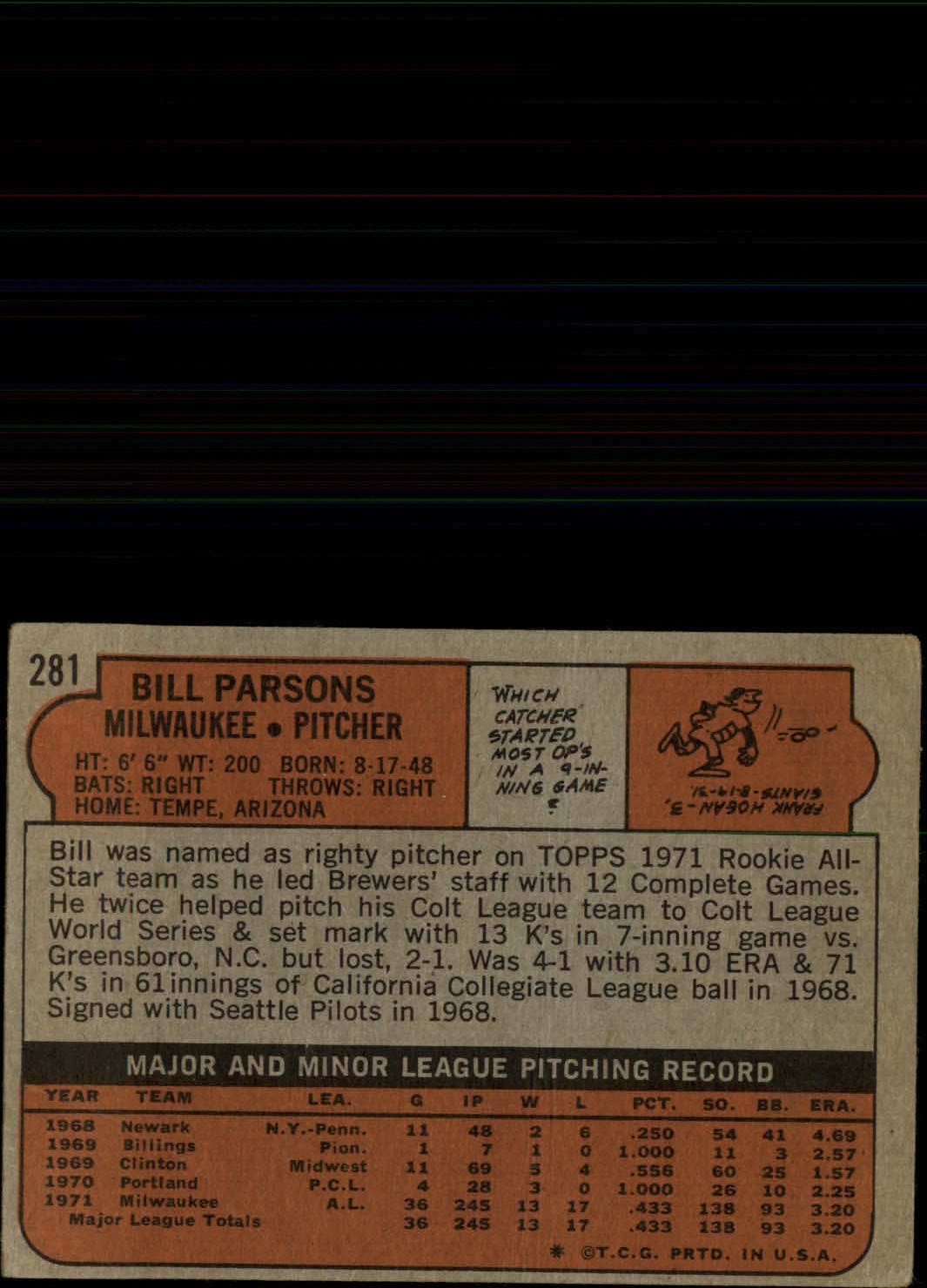 1972 Topps #281 Bill Parsons RC back image