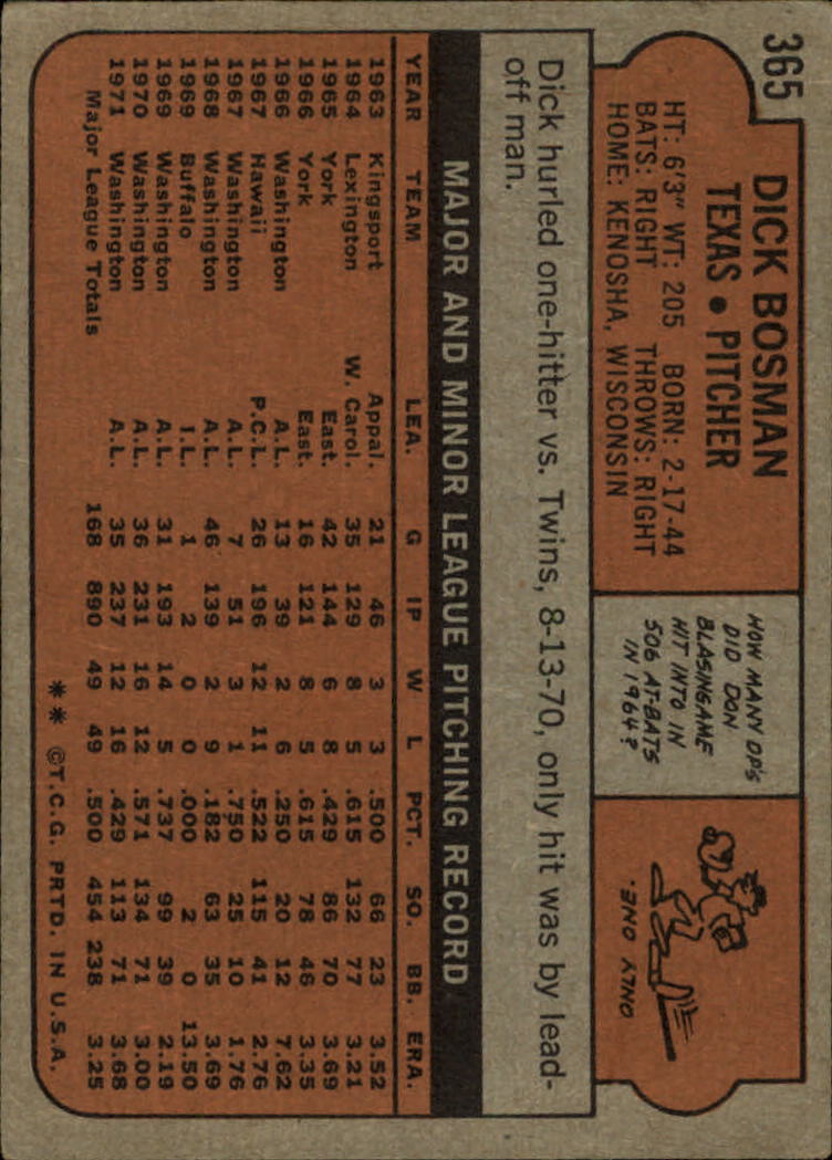 1972 Topps #365 Dick Bosman back image