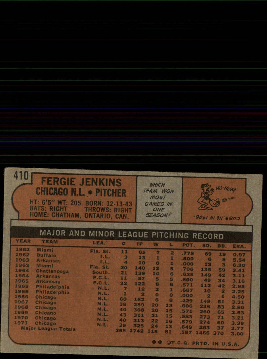 1972 Topps #410 Ferguson Jenkins back image