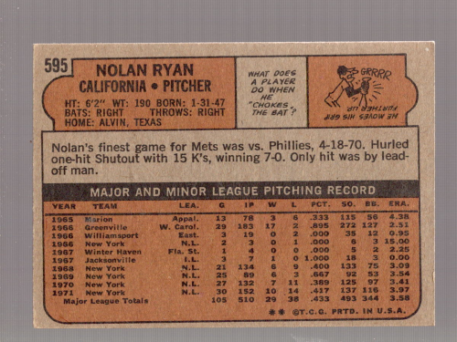 1972 Topps #595 Nolan Ryan back image