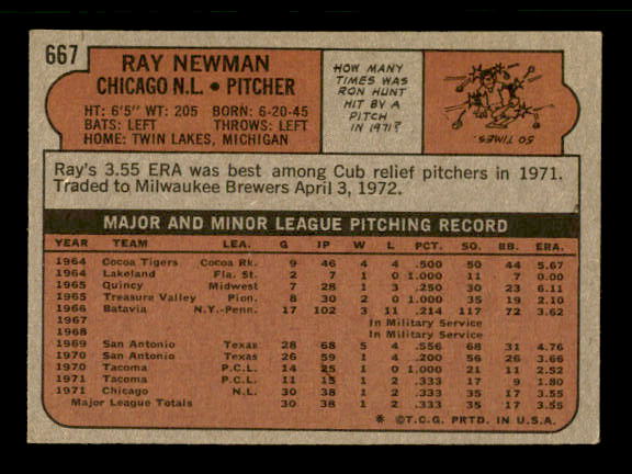 1972 Topps #667 Ray Newman RC back image