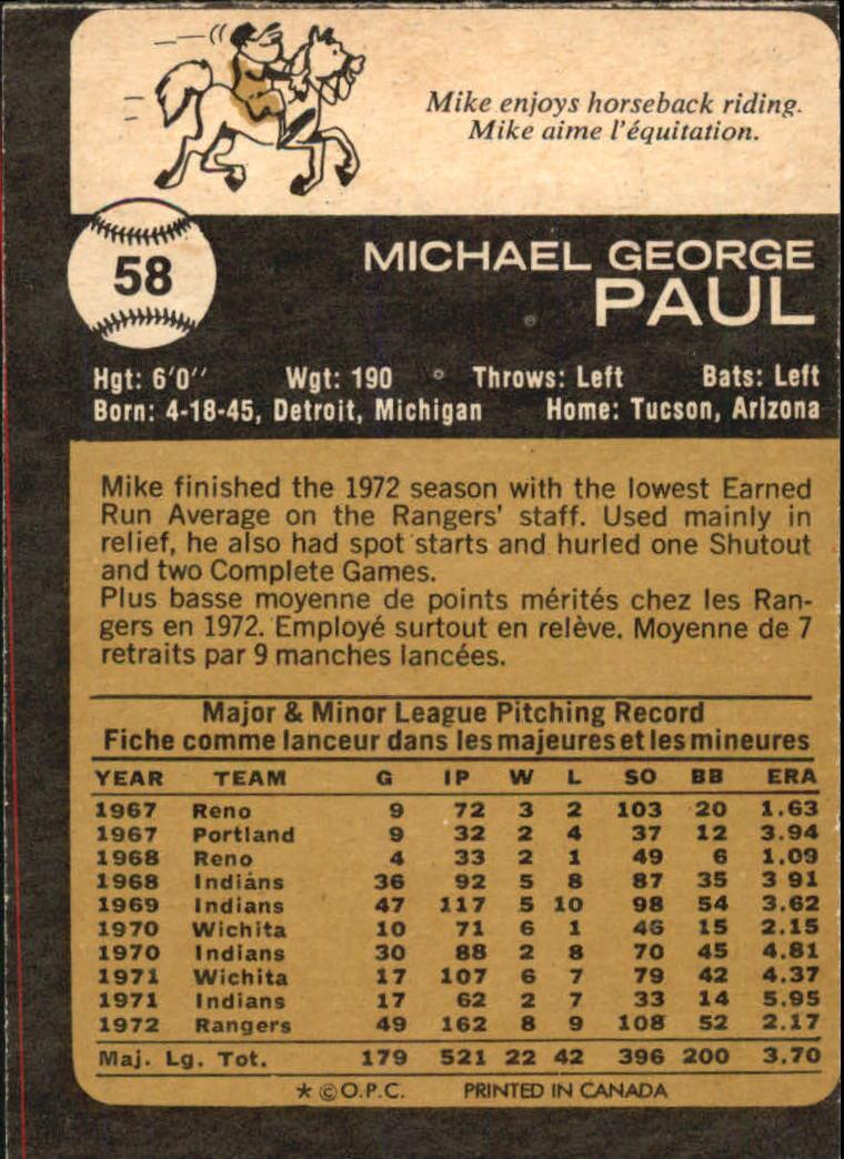 1973 O-Pee-Chee #58 Mike Paul back image