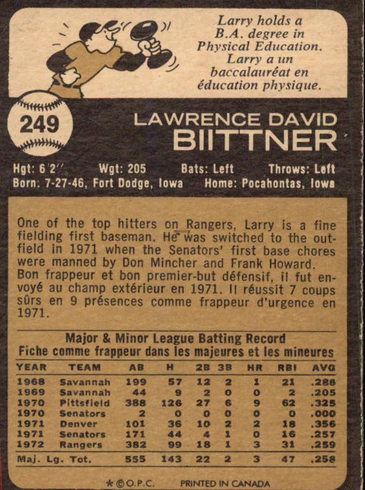 1973 O-Pee-Chee #249 Larry Biittner back image
