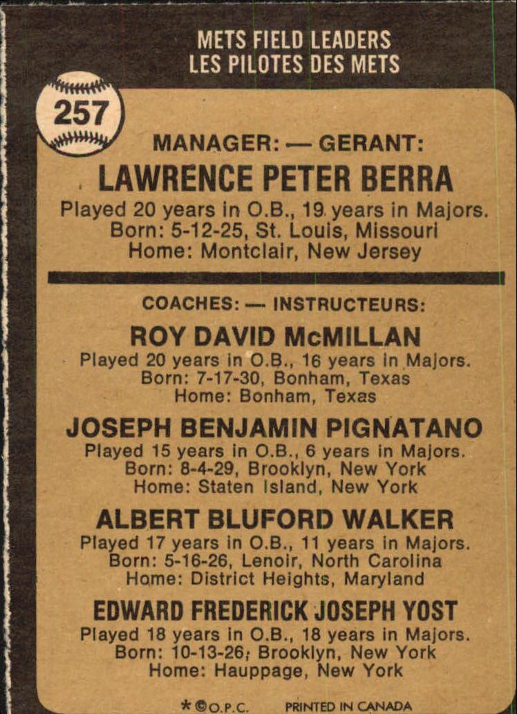 1973 O-Pee-Chee #257 N.Y. Mets Leaders/Yogi Berra MG/Roy McMillan CO# back image