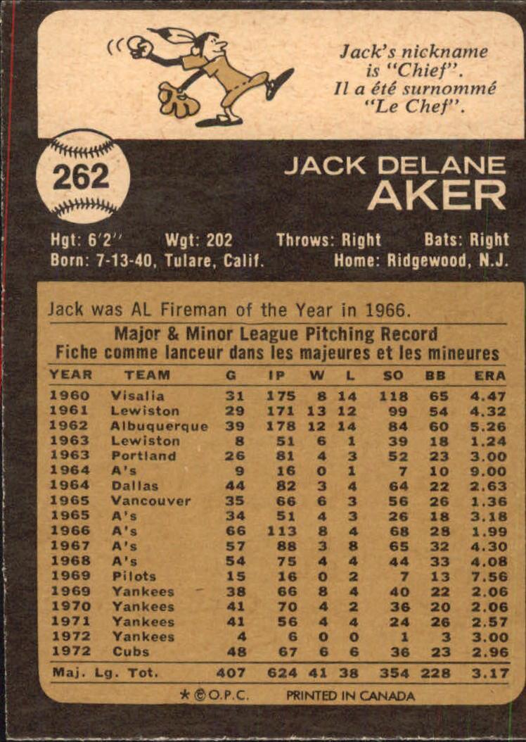 1973 O-Pee-Chee #262 Jack Aker back image