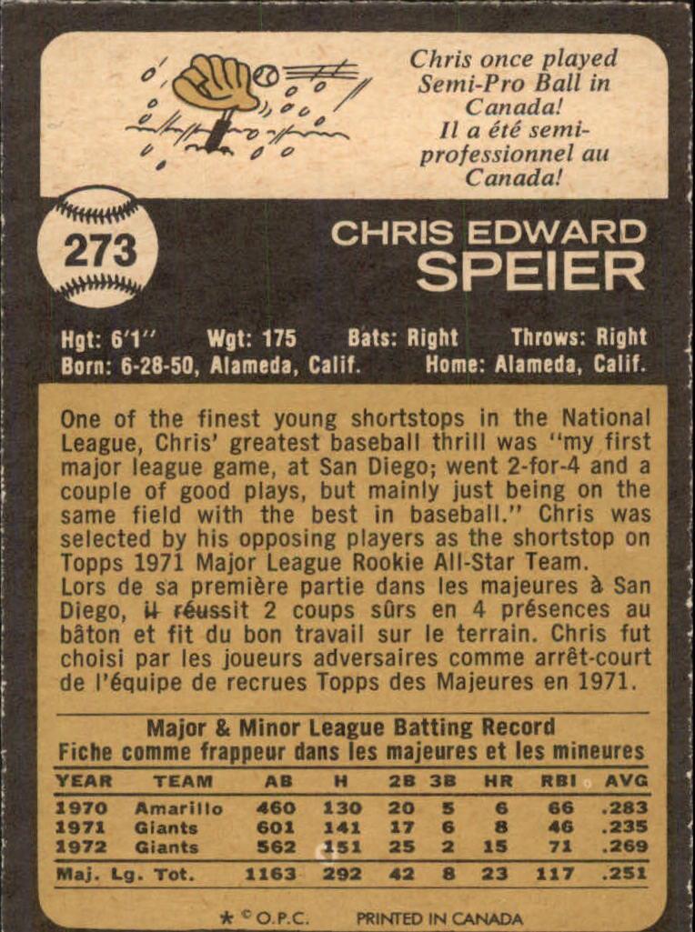 1973 O-Pee-Chee #273 Chris Speier back image