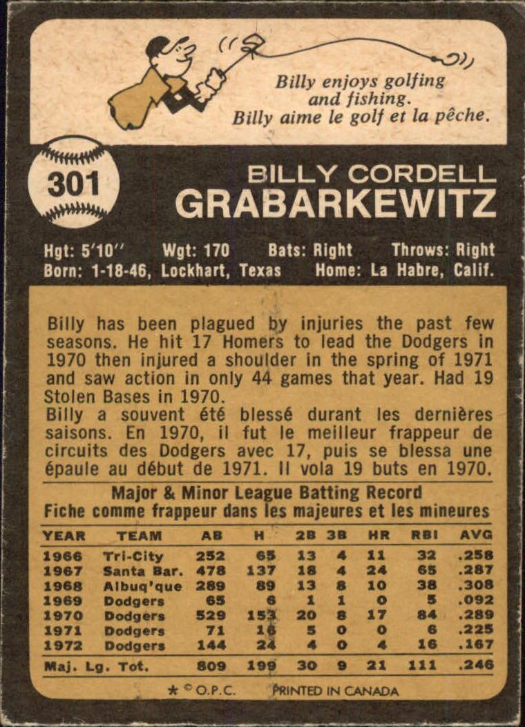 1973 O-Pee-Chee #301 Billy Grabarkewitz back image