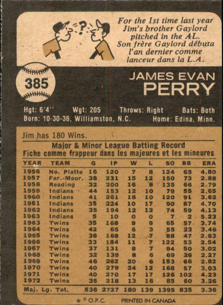 1973 O-Pee-Chee #385 Jim Perry back image
