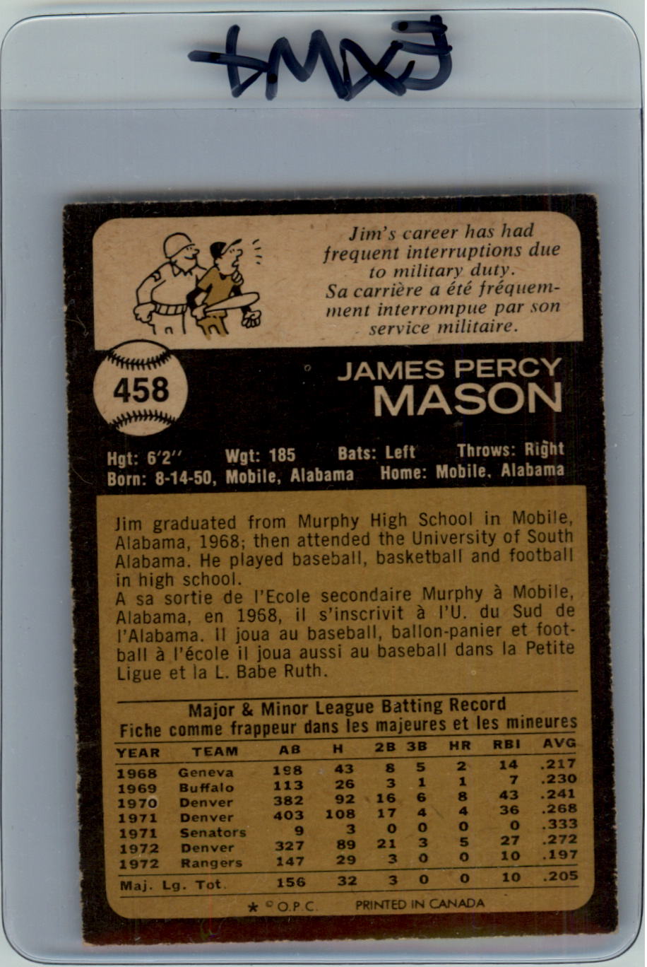 1973 O-Pee-Chee #458 Jim Mason back image